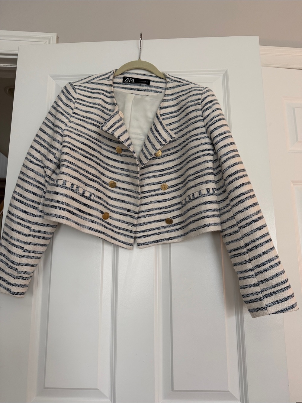 Zara Cropped Blue-and-White Striped Double-Breasted Blazer